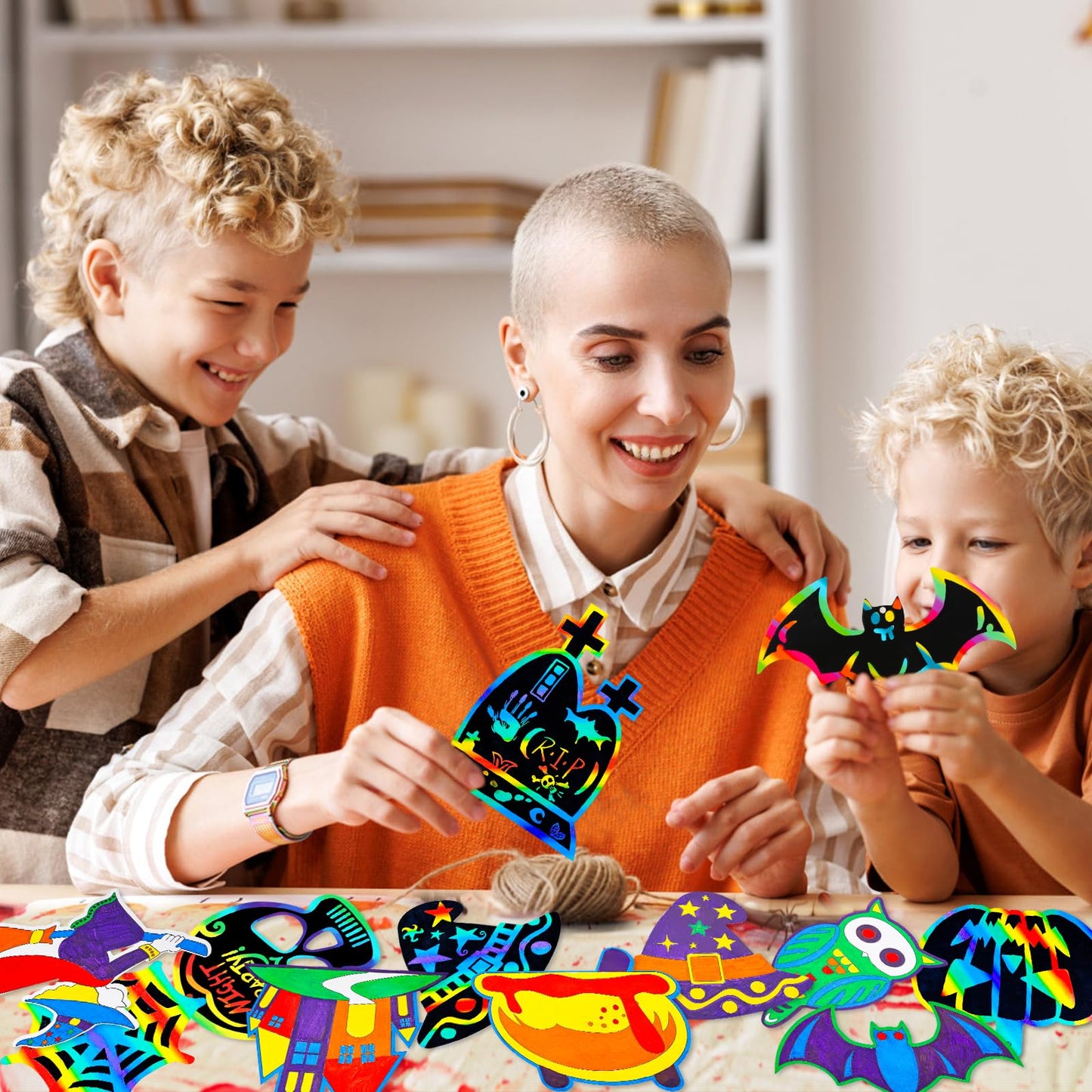 Max Fun Halloween Crafts for Kids Scratch Off Art Paper Cards 48Pack, Magic Rainbow Ornaments Hanging Supplies Educational Toys Kit Halloween Party Games Favor