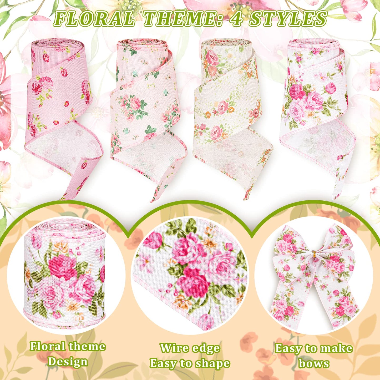Floral Wired Edge Ribbon 4 Rolls Rose Flower Pattern Ribbon Spring Summer Fabric Decorative Craft Ribbon Roll for Gift Wrapping Decor Hair Bow Sewing Wreath Crafts, 20 Yard x 2.5 Inch