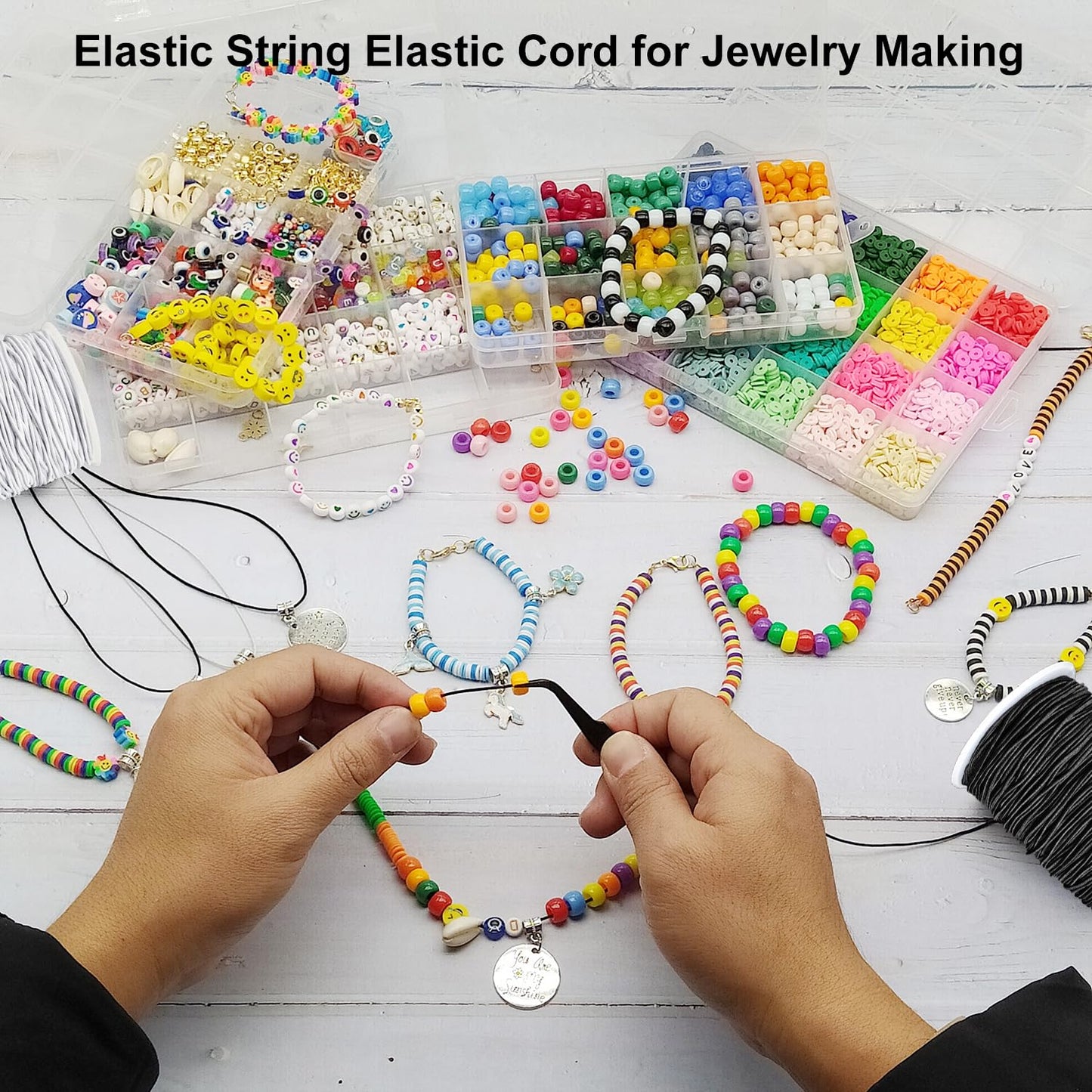 Stretchy String for Bracelets, 2 Rolls 1 mm Sturdy Elastic String Elastic Cord for Jewelry Making, Necklaces, Beading (Black)