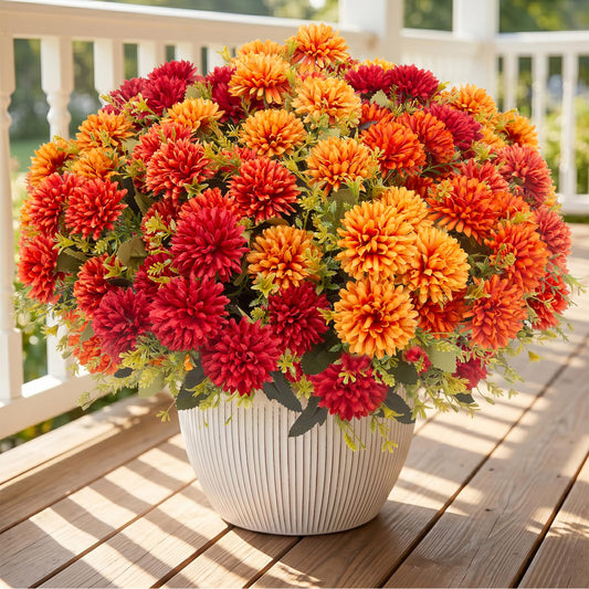 12 Pcs Artificial Mums Flowers for Outdoor, UV Resistant Fake fall Chrysanthemums Marigold Plant, Autumn Floral Arrangements for Outside, Garden, Yard (12, Orange, Burnt Orange, Red, Burgundy)