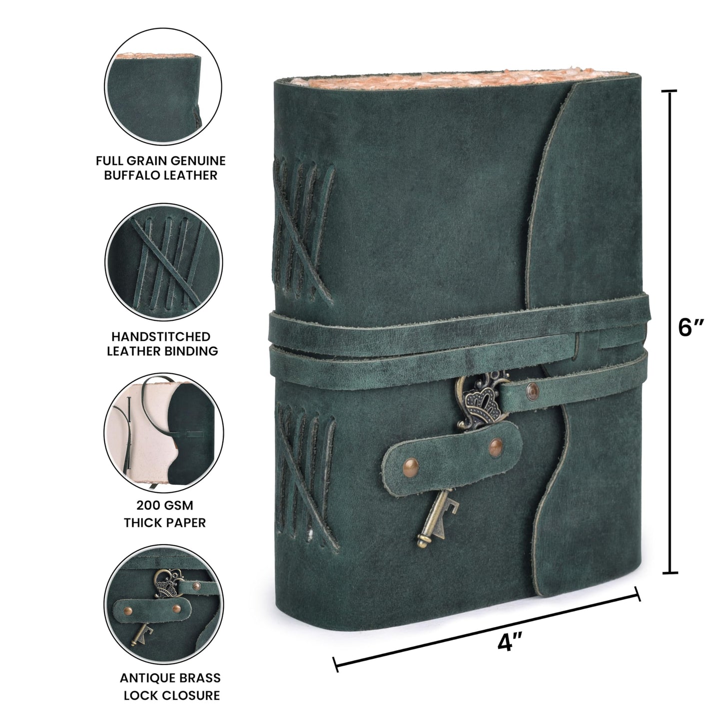 LEATHER VILLAGE Vintage Leather Journal – 200 Handmade Vintage Deckle Edge Paper – Leather bound Journal For Women Men – Vintage Key Closure - Book of Shadows - Turquoise - 6X4 inches (A6)