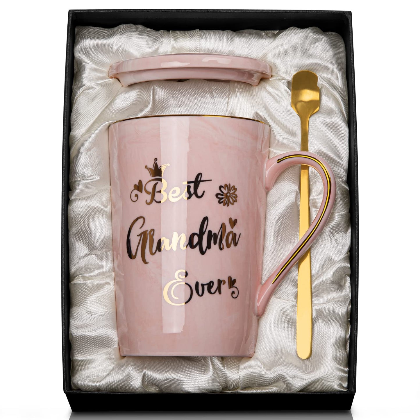 Doublewhale Grandma Gifts for Grandma, Mothers Day Birthday Gift for Grandmother from Granddaughter Grandson - 14Oz Pink Marble Ceramic Coffee Mugs Print with Real Gold - Lid Spoon Card, Box