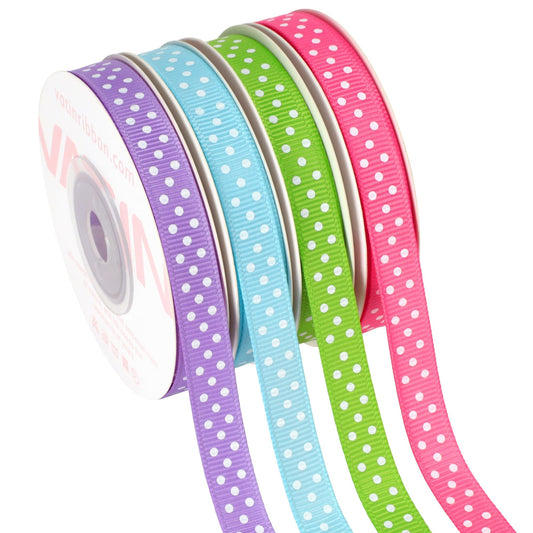 4 Rolls 3/8-Inch Easter Grosgrain Polka Dot Ribbon,Total 40 Yards,(Hot Pink/Blue Mist/Hyacinth/Apple Green),Spring Ribbon Use for Gift Wrapping