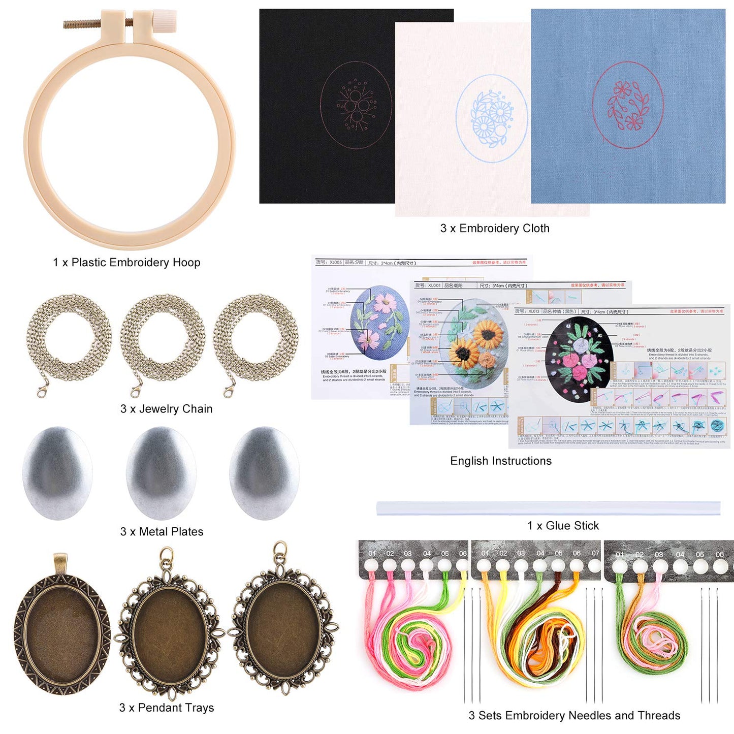 MWOOT 3 Pack Pendant Embroidery Starter Kit for Beginners,Retro Necklace Series Cross Stitch Tools for Necklace & Earrings & Hand Sewing Jewelry & Creative Gifts,Style A