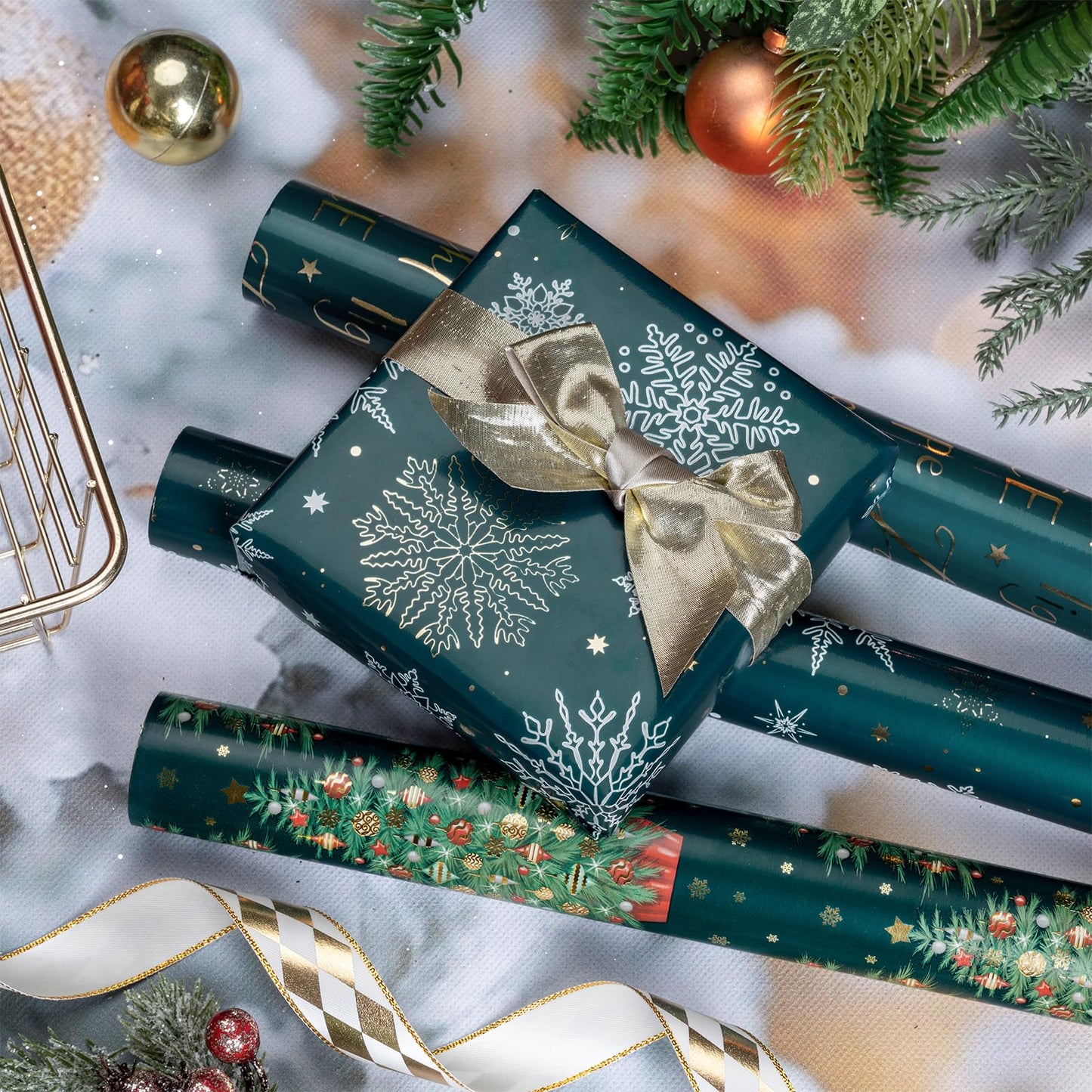 Christmas Wrapping Paper Roll - Mini Roll - 3 Rolls - 17 Inch x 120 Inch Per Roll - Green Christmas Tree and Snowflake Holiday Design with Metallic Foil Shine