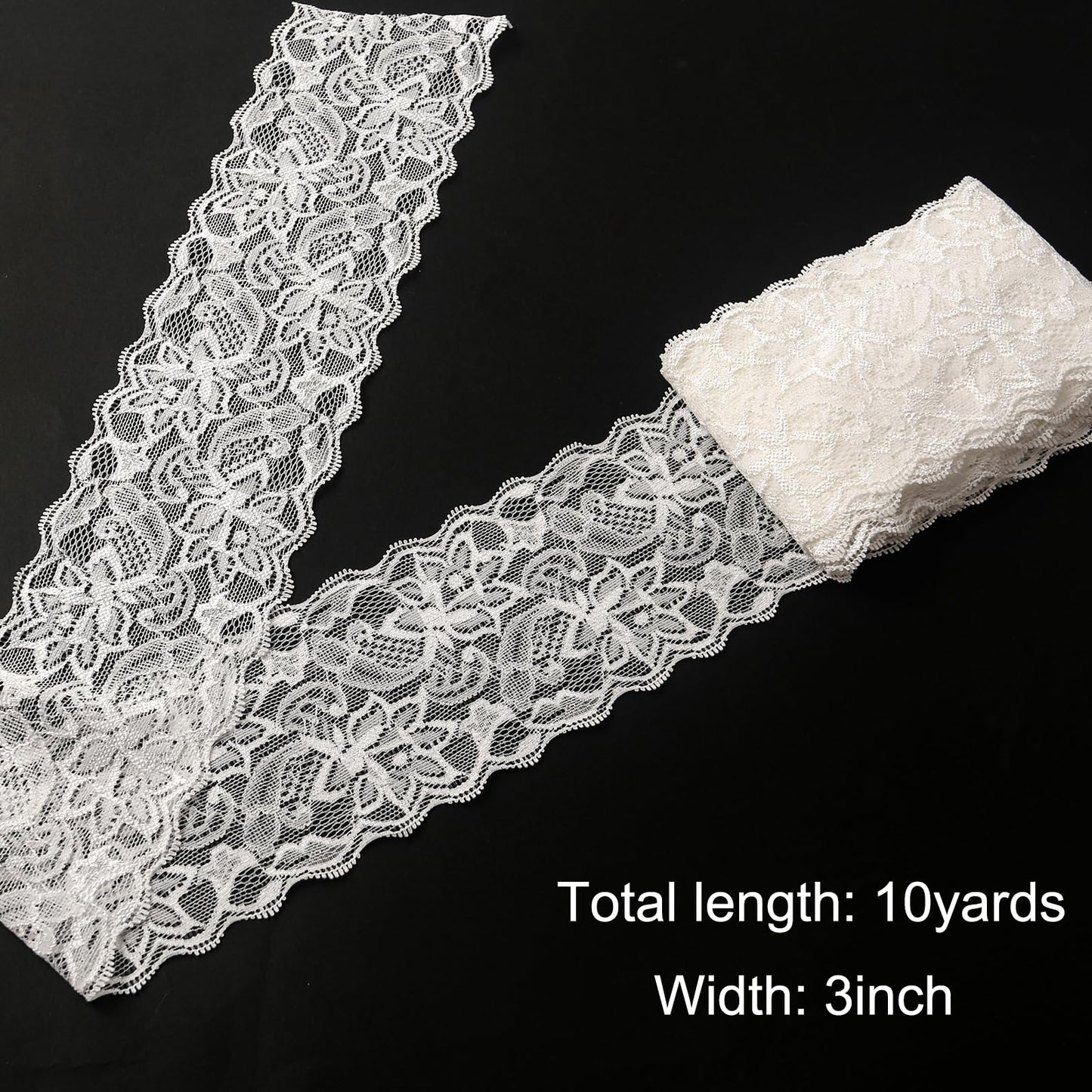 VGOODALL 3 Inch White Lace Ribbon, 10 Yards Wide Stretchy Lace Trim Elastic Floral Lace for Bridal Wedding Decoration Gift Wrapping DIY Sewing Craft Hair Bow Making