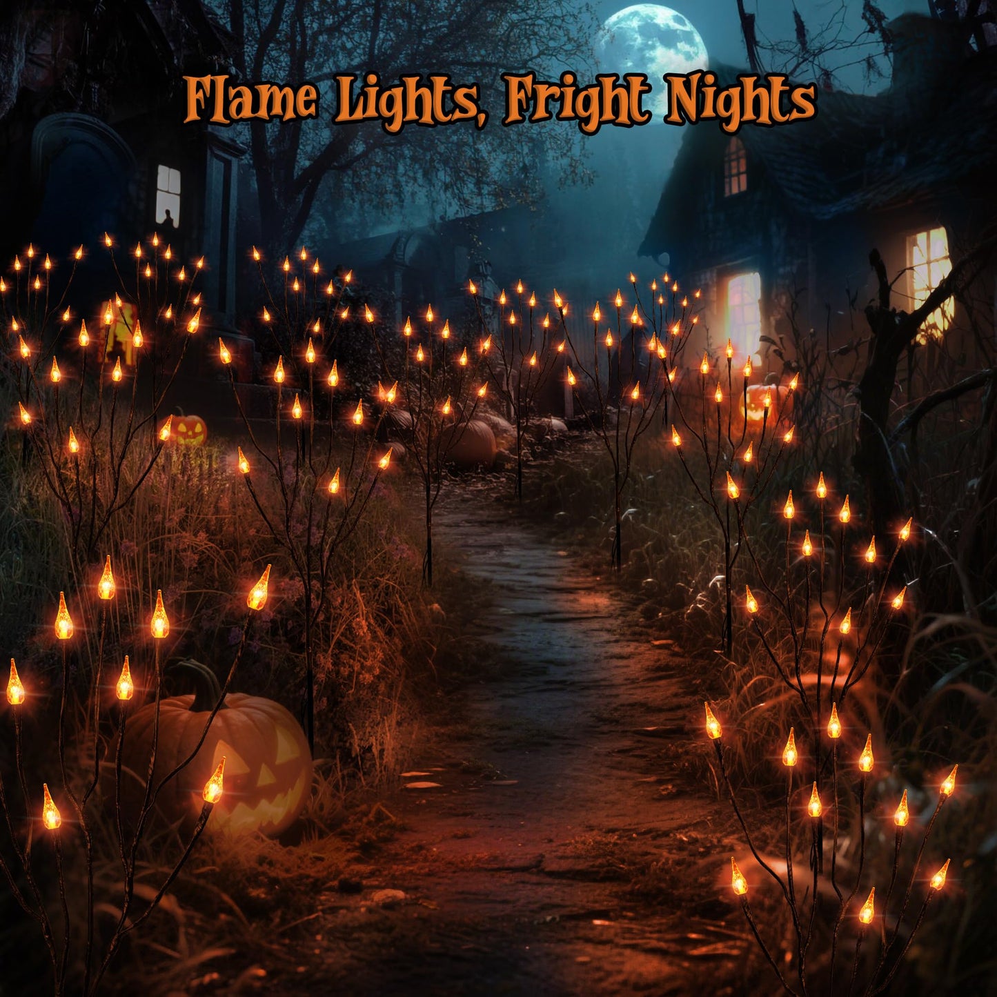 Brizled Halloween Pathway Lights, 7.54ft 3 Pack Candle Flame Orange Lights Outdoor with Timer, Battery Powered Halloween Light Waterproof Spooky Path Light for Path Yard Walkway Garden Thanksgiving