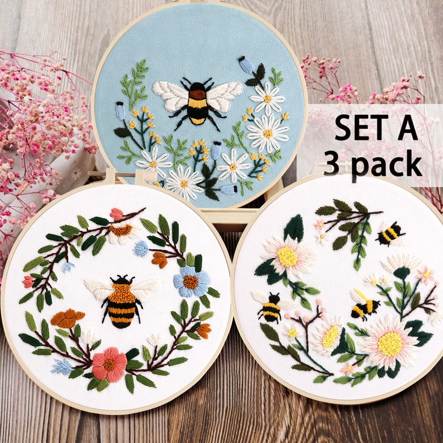 Embroidery Starter Kit for Beginners, 3 Sets Cross Stitch Kits for Adults, Include Embroidery Clothes with Cute Bees and Flowers Patterns, 1 Embroidery Hoop, Threads, Needles and Instruction
