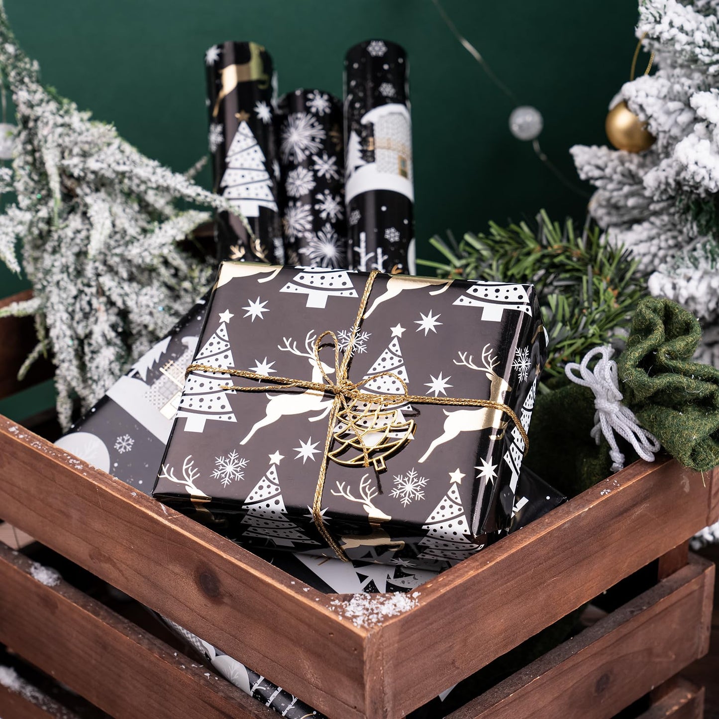 Christmas Wrapping Paper Roll - Mini Roll - 3 Rolls - 17 Inch X 120 Inch Per Roll - Black and Gold Reindeer Family, Snowflake Holiday Collection with Metallic Foil Shine