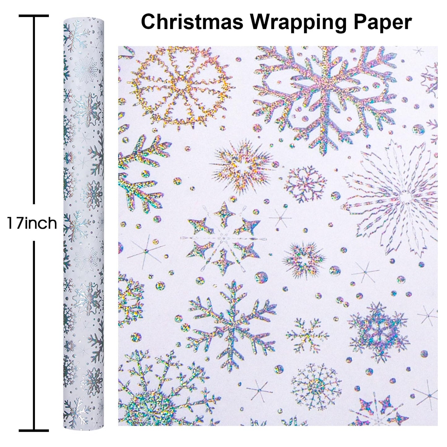Kraft Christmas Wrapping Paper-Silver Snowflake Metallic Embossed Foil Luxury Gift Wrap Roll Design for Holiday, Party,Celebration, New Year (17 Inch X 32.8 Feet)