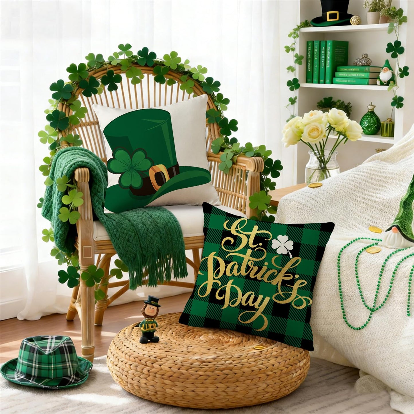 St Patricks Day Pillow Covers 18x18 Buffalo Plaid St Patricks Day Decorations Lucky Clover Hat Throw Pillow Covers Shamrock Cushion Case for Sofa Couch Set of 4