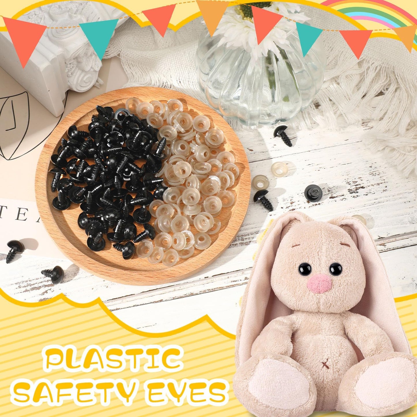 UPINS 600 Pieces 14MM Safety Eyes with Washers Black Plastic Safety Eyes for Amigurumi Doll Crochet Eyes for DIY Crafts Stuffed Animals Making Supplies