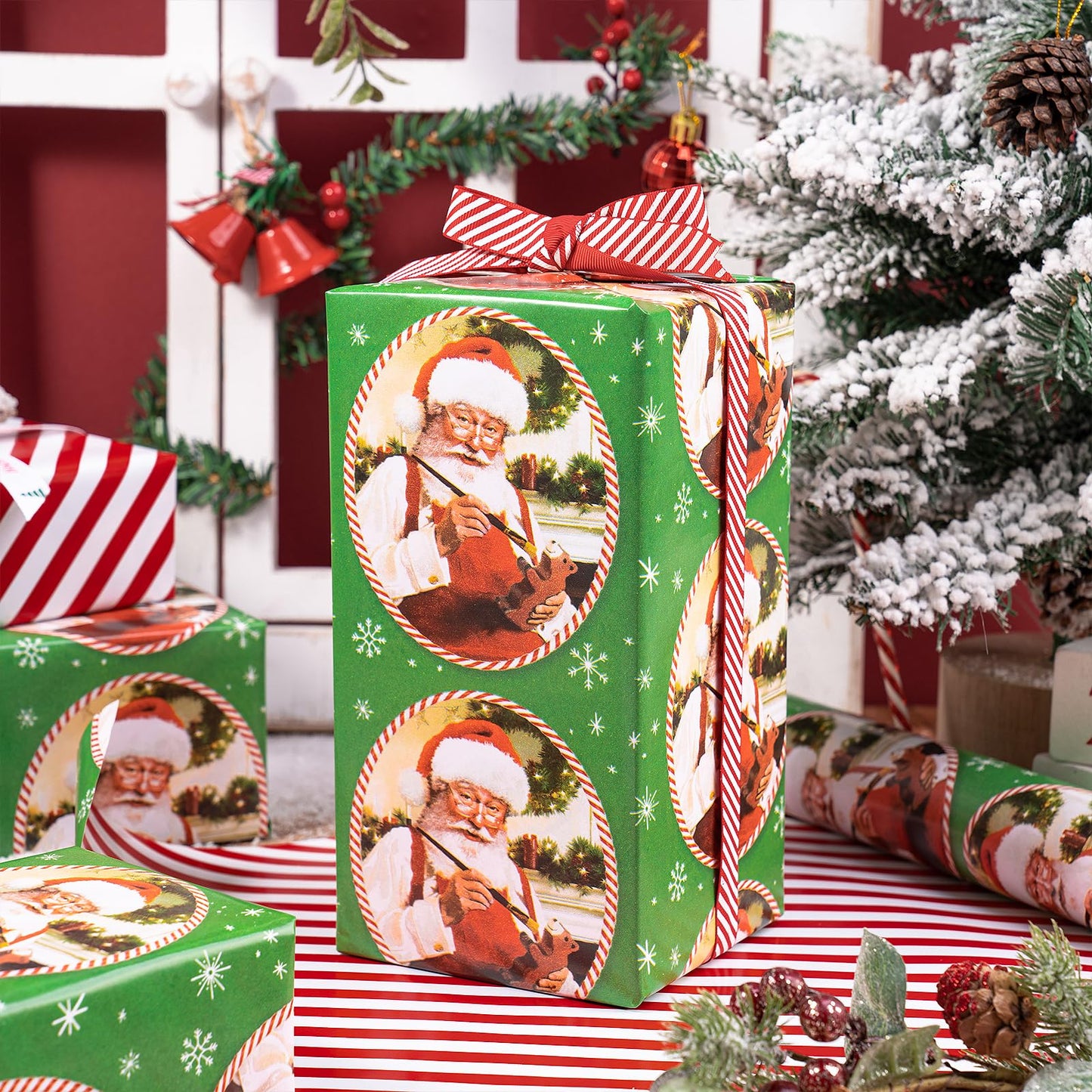 Christmas Reversible Wrapping Paper Roll, Mini Roll, Vintage Red Green Santa Claus Design and Red White Candy Cane Stripe Pattern Gift Wrap Paper for Holiday Gifts, 17 Inches x 32.8 Feet