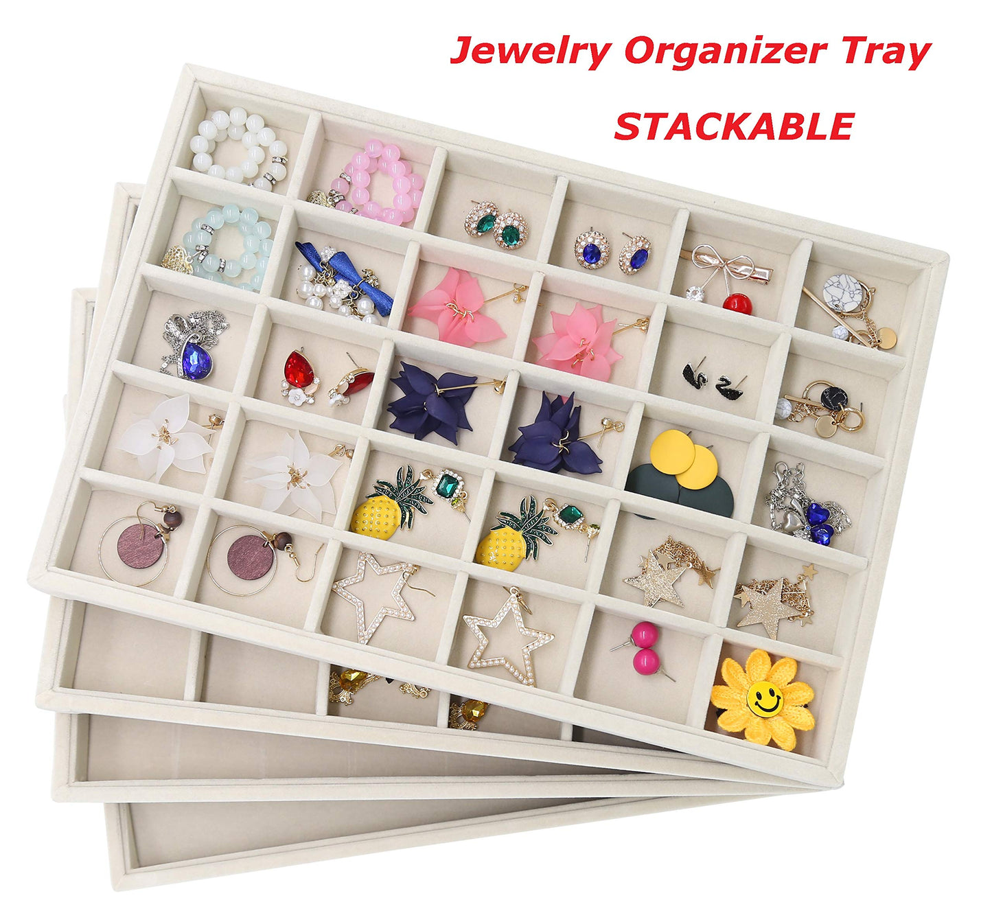 Stratalife Earring Organizer Stackable Jewelry Tray Removable Display Tray Organizer for Jewelry Necklace Earring Drawer Insert 30 Grid Beige