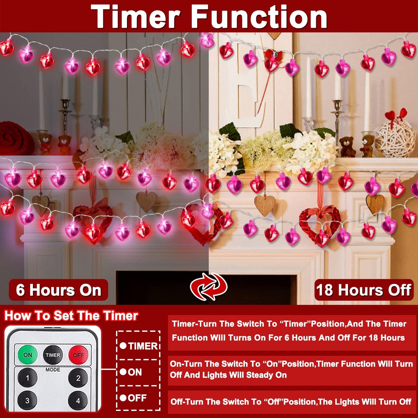 Valentines Day Decorations Heart String Lights Valentines Decor, 8.2FT 20LED Red Pink Heart Garland Light Timer 8 Modes Remote Control, Battery Operated Valentine Lights Home Indoor Outdoor Wedding