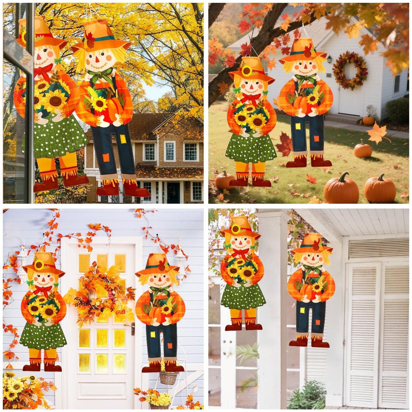 2 Pcs Fall Scarecrow Windsocks, Autumn Outdoor Hanging Flag Fall Scarecrow Hanging Sign Thanksgiving Outside Flag for Yard Lawn Patio Garden Party Decorations