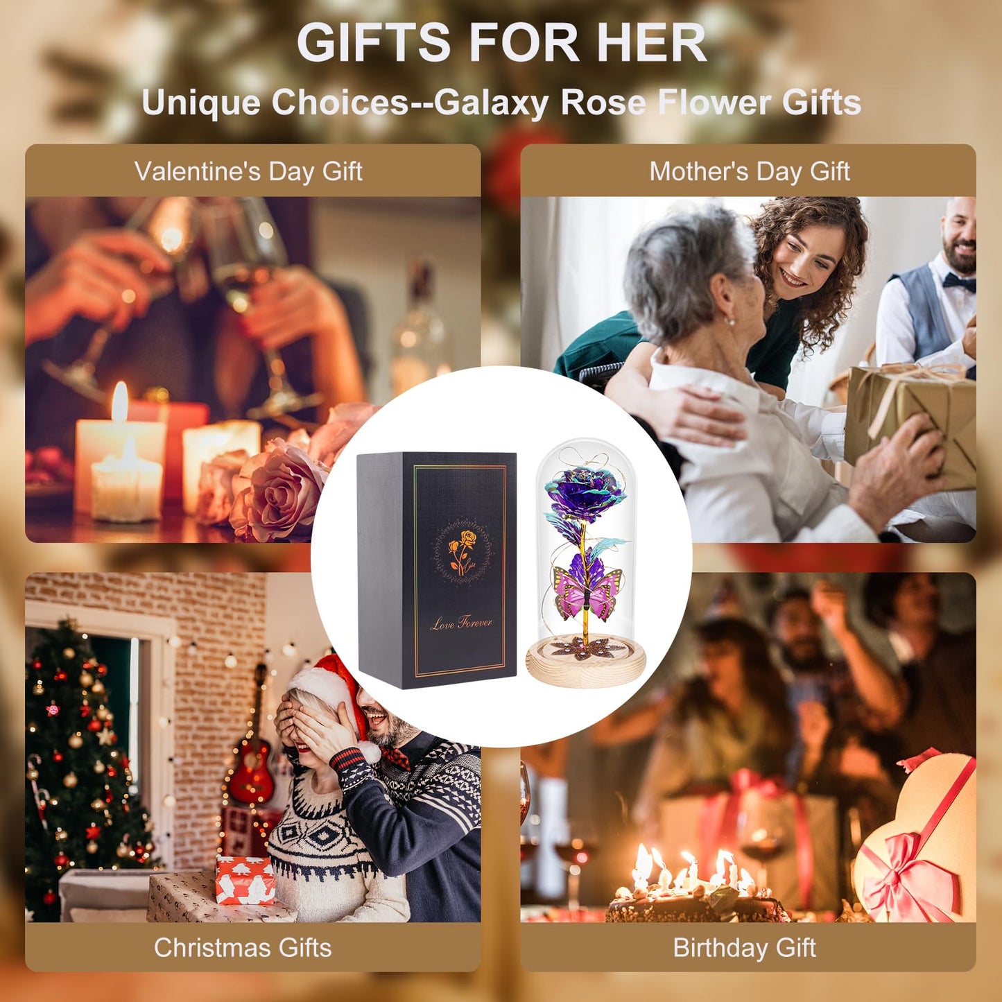 Birthday Gifts for Women Galaxy Glass Rose Forever Preserved Flowers for Delivery Light Up Rose in Glass Dome Mothers Day Butterfly Gifts for Mom Wife Grandma Her Daughter Girlfriend