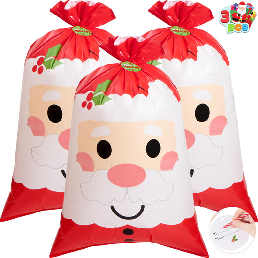 3 PCs Christmas Jumbo Gift Bags with Gift Tag, Xmas Plastic Giant Wrapping Present Bag, Huge, Resuable Large Santa Bag for Holiday Presents, Gifts Decorations