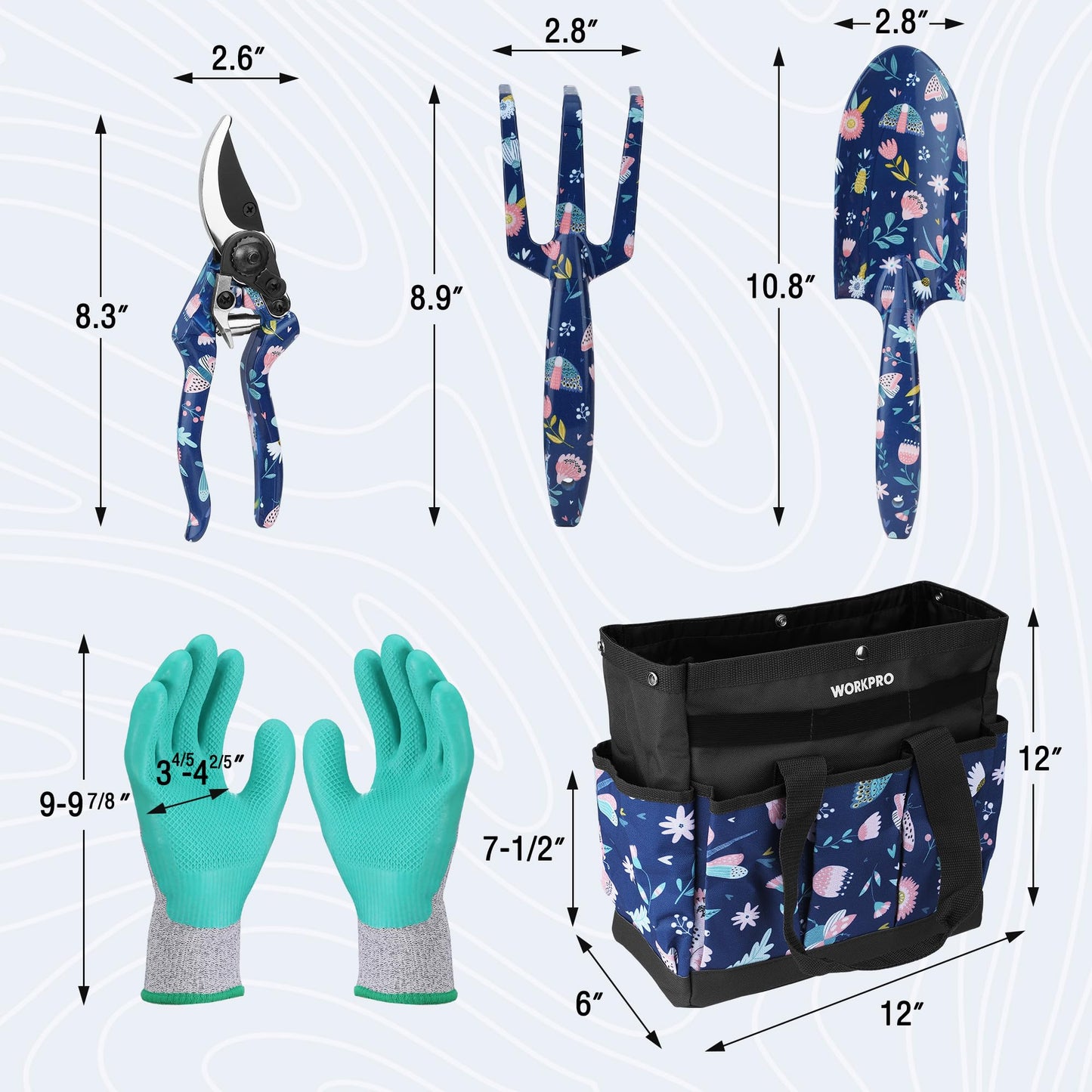 WORKPRO 5PCS Garden Tool Set, Aluminum Heavy Duty Gardening Tool Set with Garden Tool Bag, Outdoor Garden Hand Tools, Blue Insect and Flower