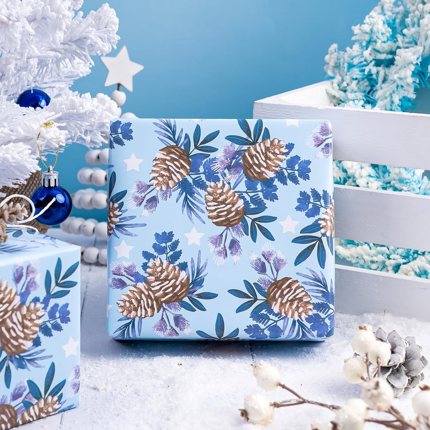 Reversible Christmas Wrapping Paper - Mini Roll - 17 Inch x 33 Feet - Pinecone and Merry Christmas Blue Wrapping Paper for Xmas Holiday, Party Celebration