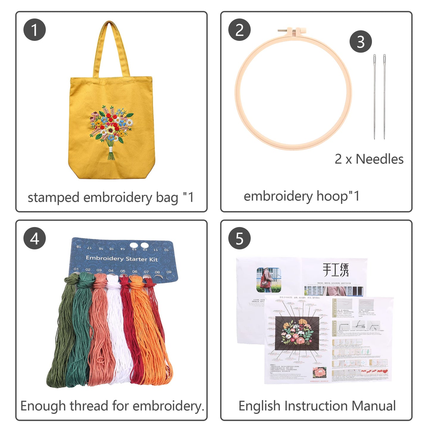 Canvas Tote Bag Embroidery Kit with Pattern for Beginners, Arts and DIY Crafts Kits for Adults, Include Instructions Embroidery Bag, Embroidery Hoops, Color Threads and Tool (Yellow)