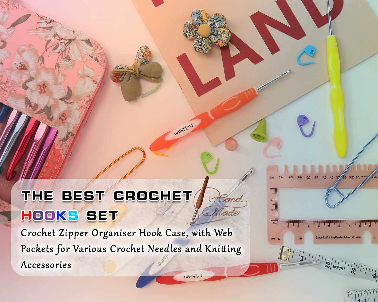 LOOEN 61Pcs Ergonomic Crochet Hooks Set, 22size (0.75mm-10mm), with Case for Arthritic Hands, Extra Long Crochet Needles, Nice Gift (Pink)