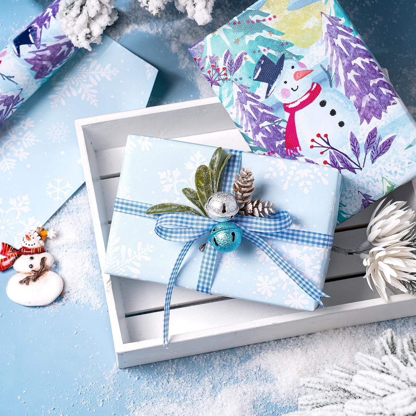 Reversible Christmas Wrapping Paper - Mini Roll - 17 Inch x 33 Feet - Snowman and Snowflake Wrapping Paper with Embossed for Christmas, Holiday, Party