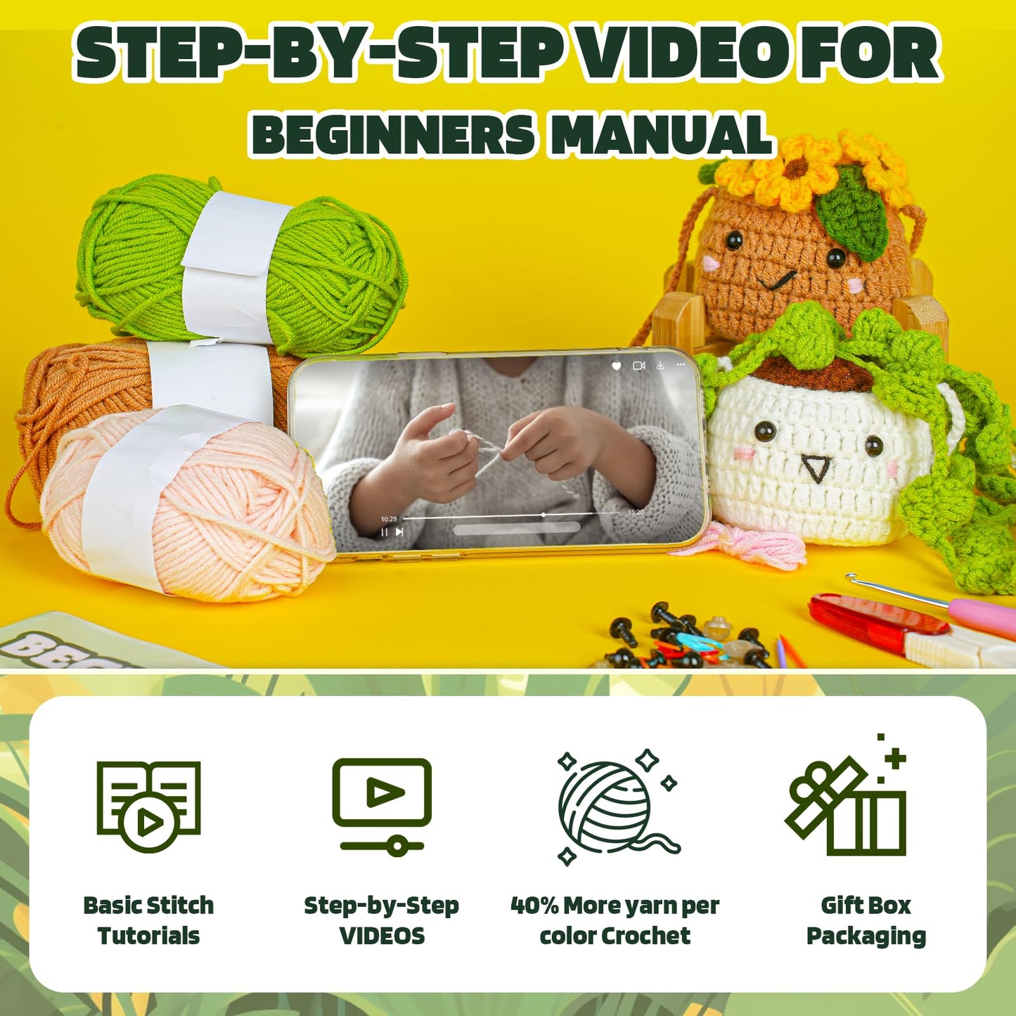 Imcrasy Crochet Kit for Beginners | 6 PC Cute Potted Plants With Step by Step Video Lessons | Complete Accessories (40%+ Yarn) | WhiteBrown