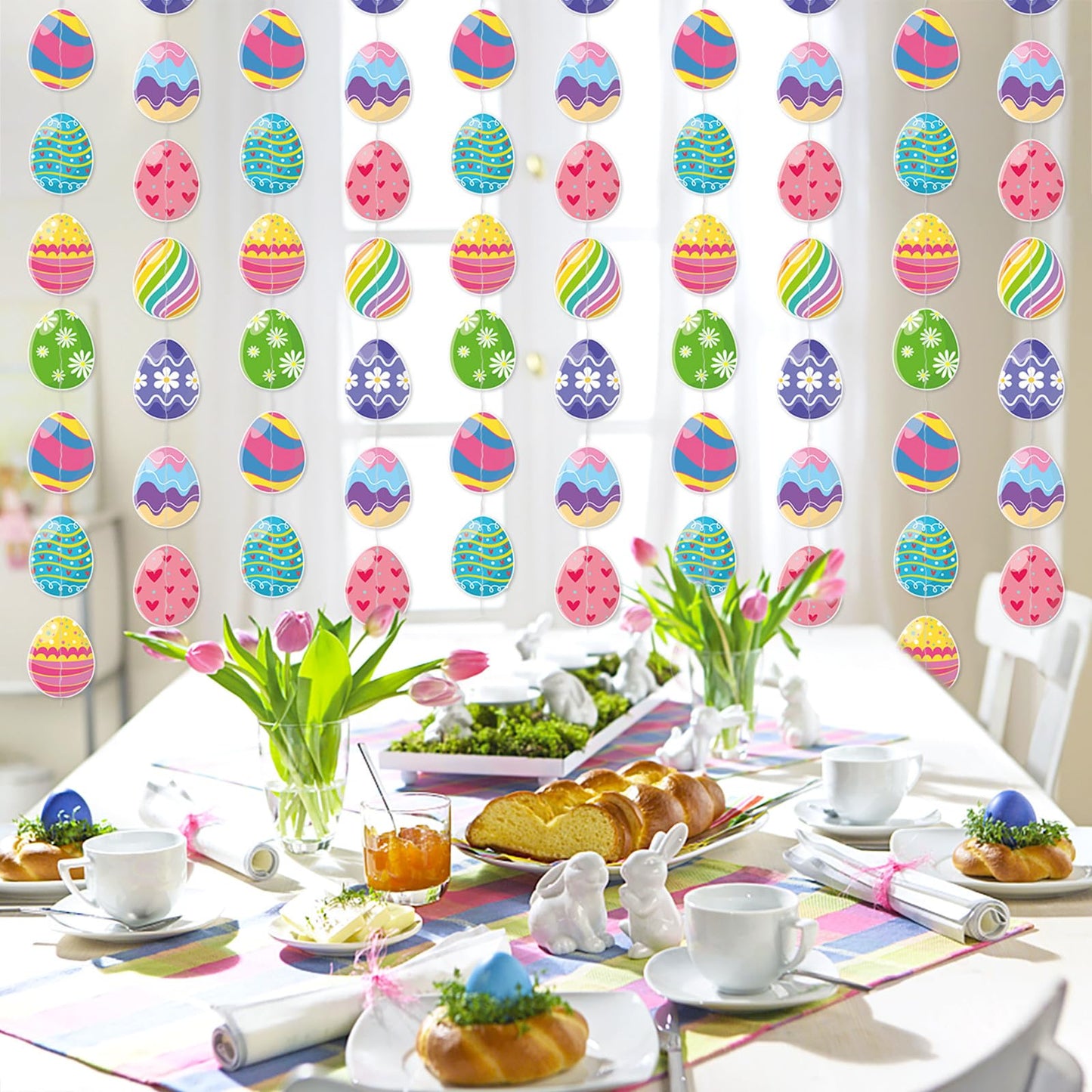 Easter Egg Party Decoration Garland - 8pcs Pastel Rainbow Spring Hanging Paper Streamers, Kids Birthday Favors Gifts Classroom Supplies Banner,Indoor Outdoor Decor Lasting Surprise