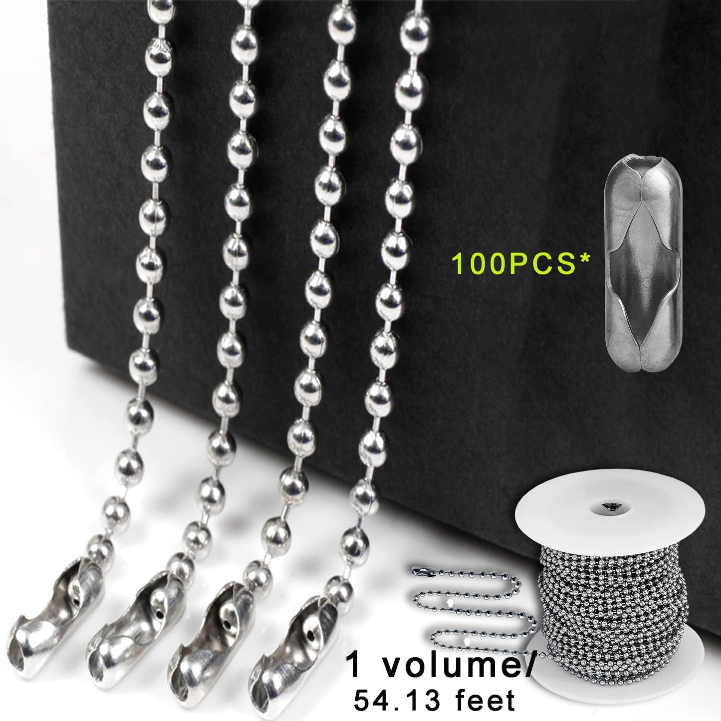 Stainless Steel Ball Chain, Necklace Chain Ball Bead, 55ft Bead Chain Ball Chain Bulk Bead Chain with 100 Pcs Matching Connectors Clasps for Necklace Hanging, Dog Tag, DIY Crafts, 2.0mm Diameter