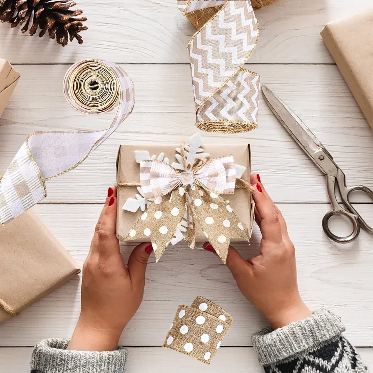 3 Rolls Burlap Wired Ribbons 15 Yards Stripe Dot Buffalo Plaid Pattern Wrapping Gingham Grosgrain Ribbon for DIY Crafts Party Home Decoration, 2.5 Inch x 15 Yards