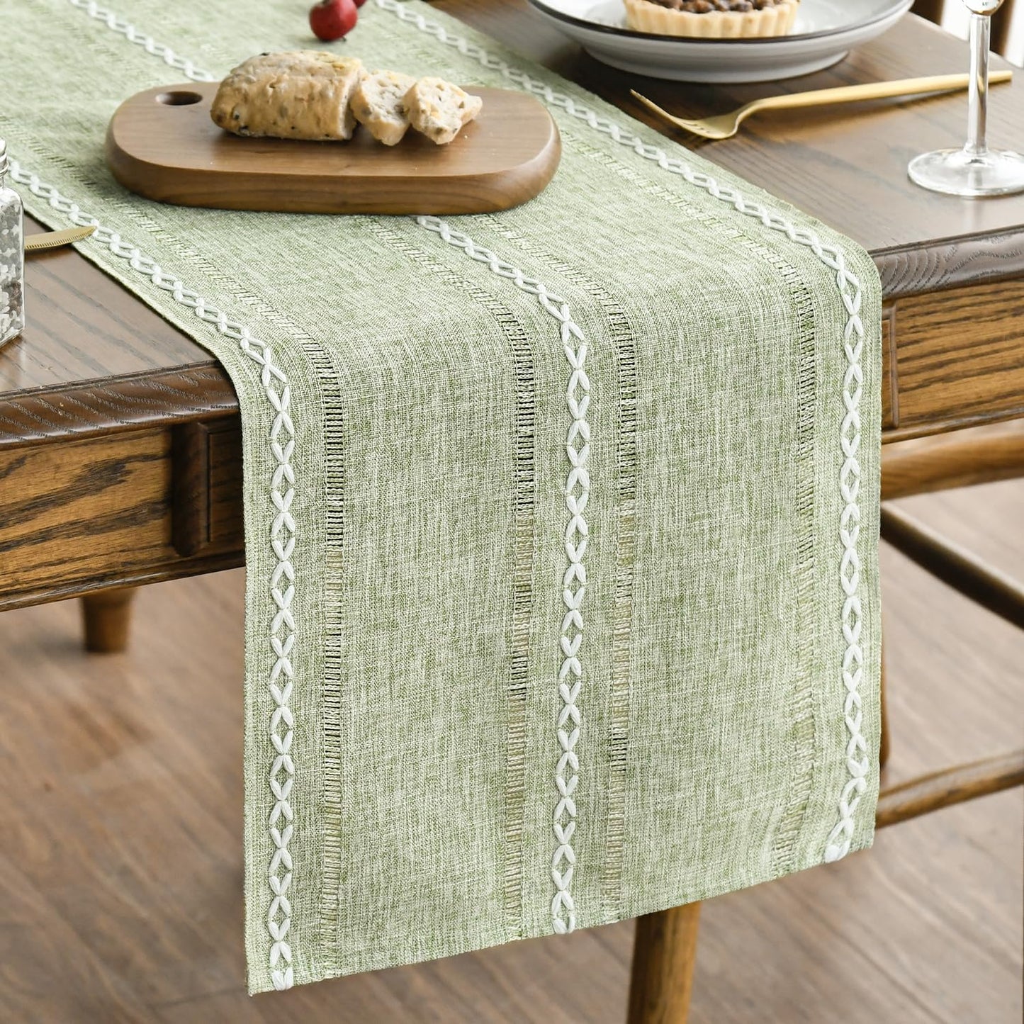 Sage Green Rustic Cotton Linen Table Runner, Seasonal Embroidered Hollow Kitchen Dining Table Decoration for Home Party Decor 13x72 Inch