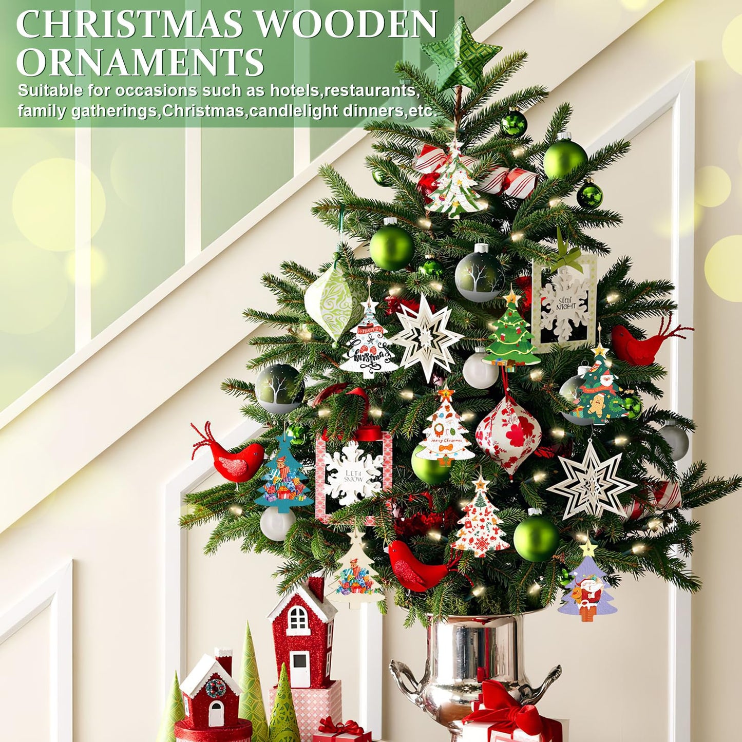 Wooden Christmas Ornaments to Paint Christmas Tree Decoration Cutouts Unfinished 24PCS 3.5 x 3 inches, DIY Blank Unfinished Christmas Tree Wood Discs Ornament for Home Crafts Hanging