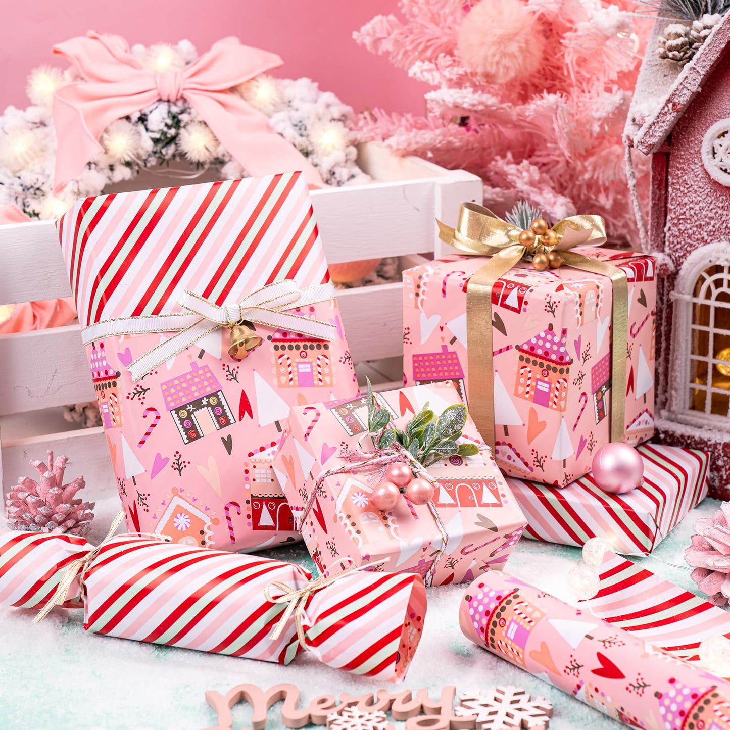 Reversible Christmas Wrapping Paper - Mini Roll - 17 Inch x 33 Feet - House with Christmas Tree and Candy Cane Wrapping Paper for Holiday, Party Celebration
