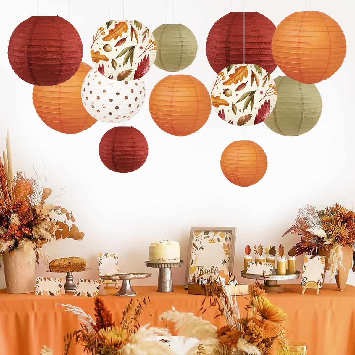 NICROLANDEE 12Pcs Burgundy Orange Maple Leaves Hanging Paper Lanterns