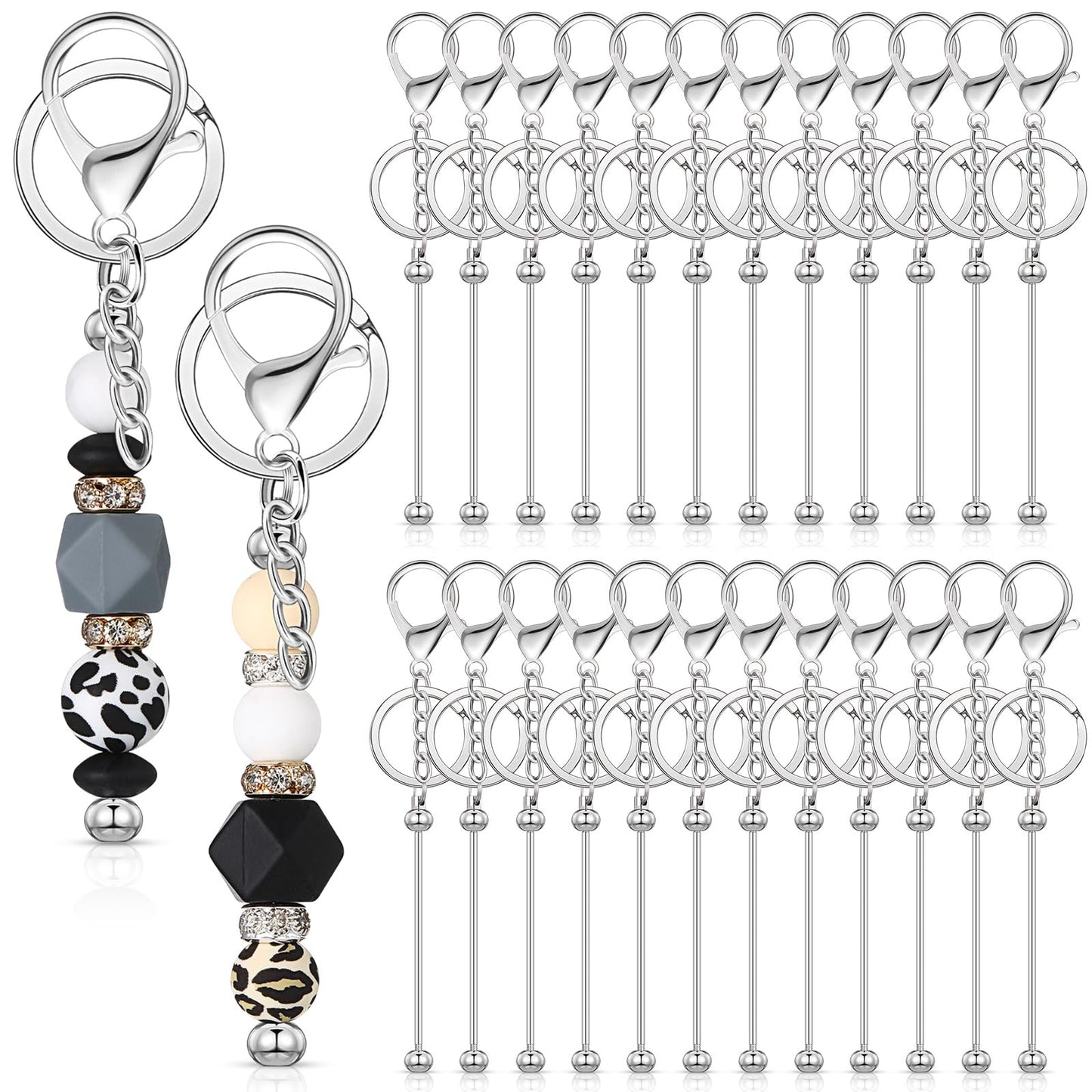 Tondiamo 24 Pcs Beadable Keychain Bars Bulk Beads for Keychain Making Kit Gifts for Women Men DIY Crafts(Silver)