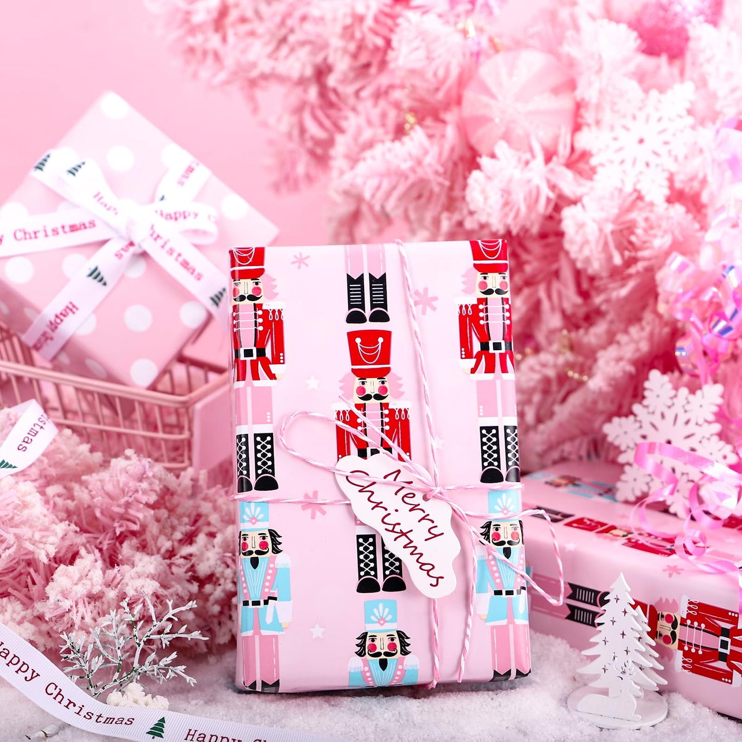 Reversible Christmas Wrapping Paper - Mini Roll - 17 Inch x 33 Feet - Pink Nutcracker Wrapping Paper and Polke Dot Design for Christmas, Holiday, Party Celebration