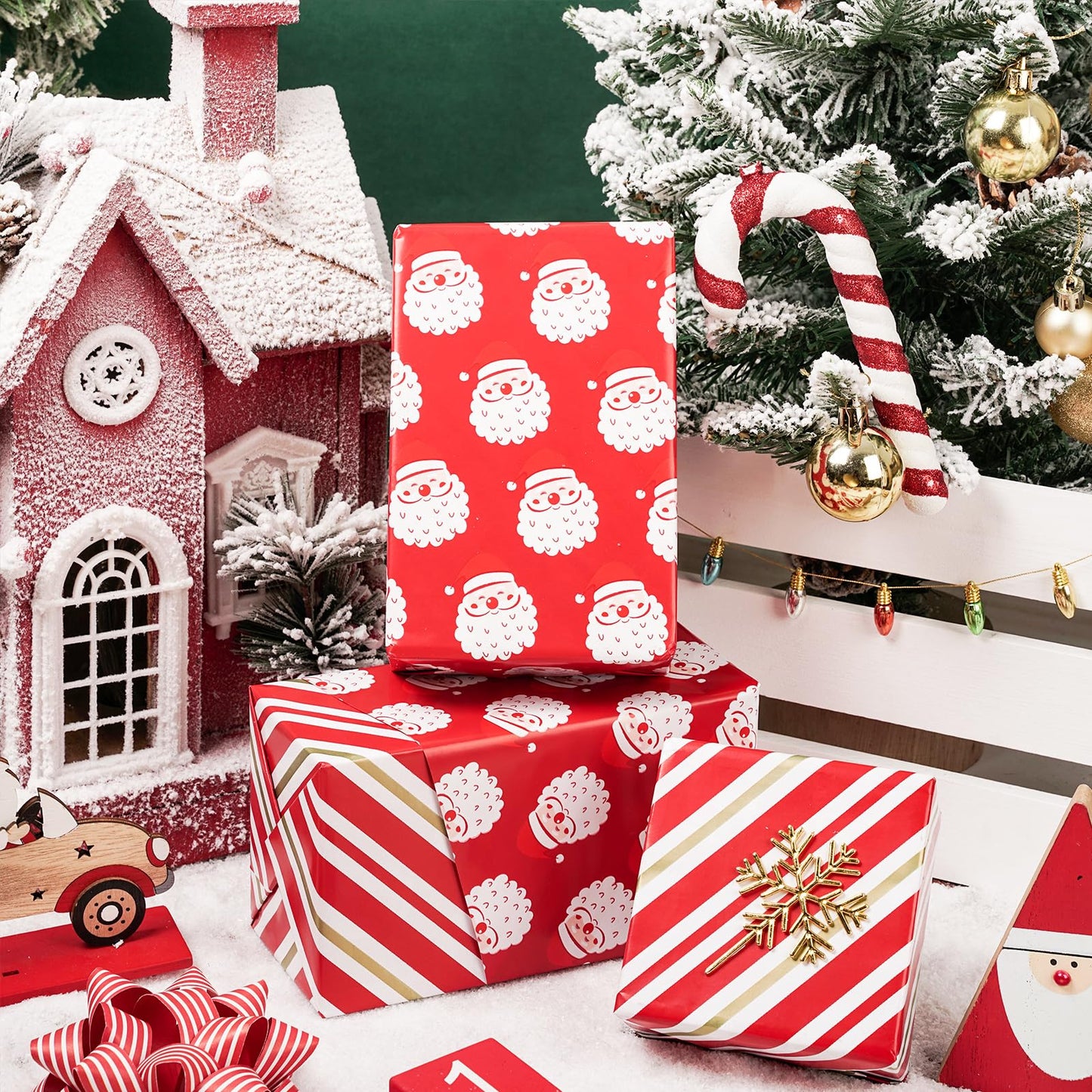 Reversible Wrapping Paper Roll - Mini Roll - Christmas Santa Claus and Stripe Pattern Great for Christmas, Party, Holiday - 17.5 Inches X 32.8 Feet