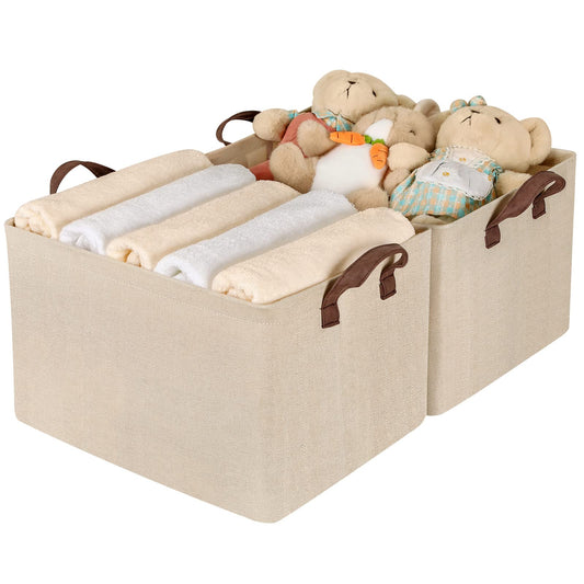 Storage Baskets for Shelves with Metal Frame 2-Pack, 14.8"Wx10.24"Dx8.66"H, Collapsible Storage Bins for Organization, Unique Cotton Fabric Storage Bins for Clothes, Toys, Decorative, Beige