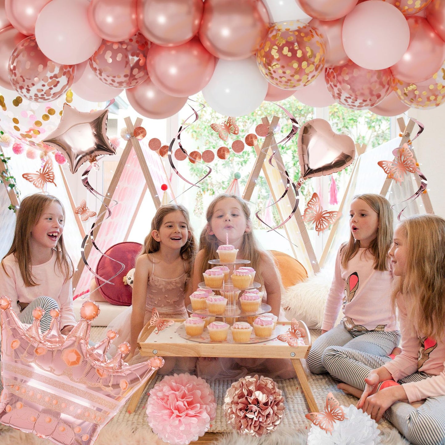 Rose Gold Birthday Party Decorations Kit for Women Girls, Foil Confetti Rose Gold Balloon Pink Happy Birthday Banner Fringe Curtains Butterfly Decor Circle Dots Tassels Pompoms Party Supplies