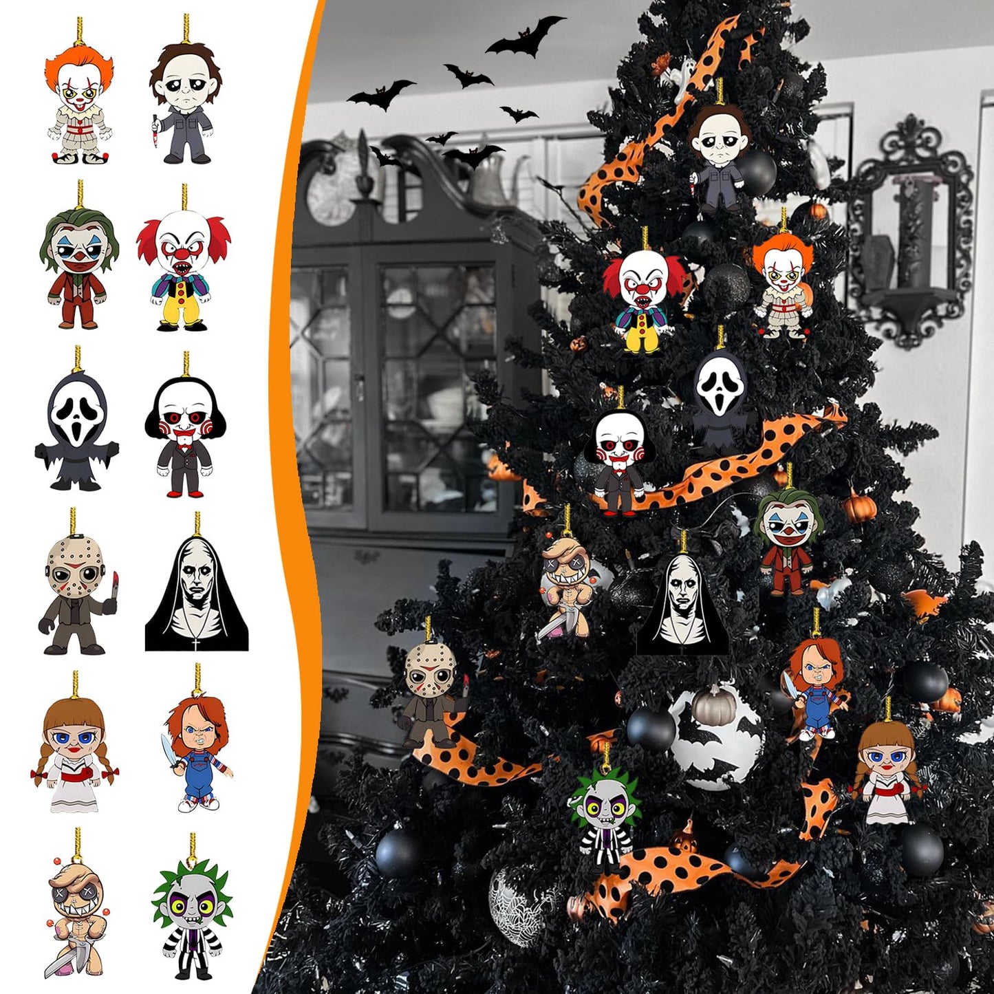 Halloween Tree Decoration - 12 Pcs Acrylic Pendant, Large Scary Movie Characters, Funny Cartoon Ornament