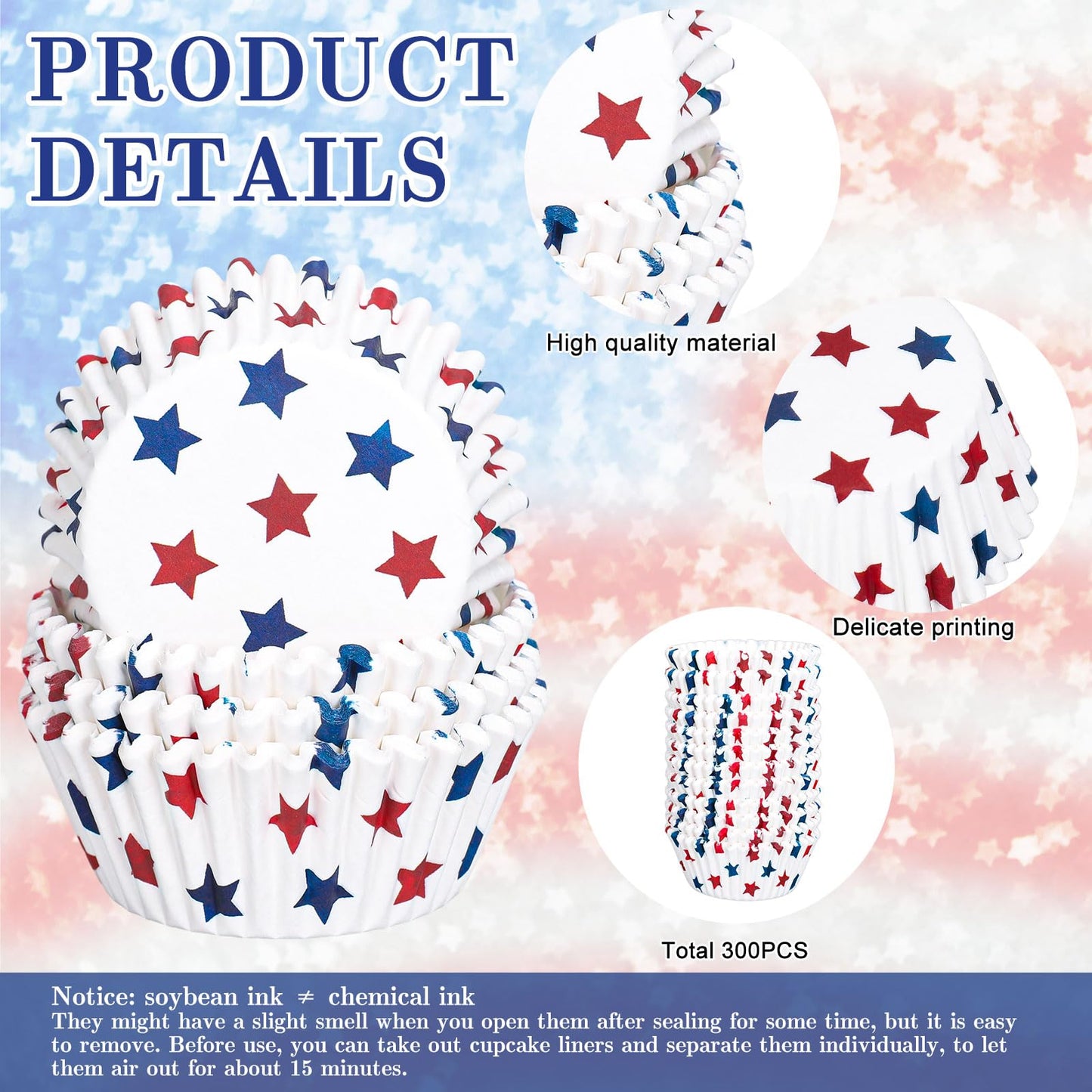 JarThenaAMCS 300Pcs Patriotic July 4th Cupcake Liners Red Blue Stars Paper Baking Cups Independence Day Standard Muffin Cupcake Wrappers for 250th Anniversary Memorial Day Party Supplies Table Decor