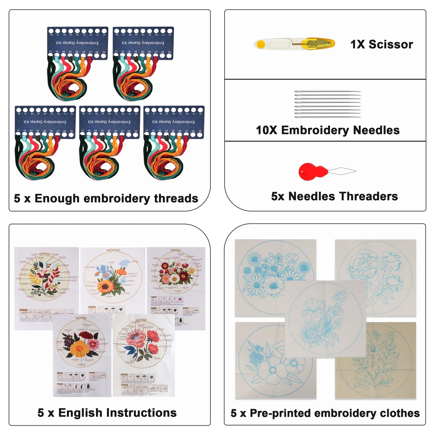Maydear Complete Embroidery Starter Kit for Beginners - 5 Sets Punch Needle Set with Patterns, Hoops, Threads & Stitch Practice Guide for Adults, DIY Hand Embroidery Craft Kit