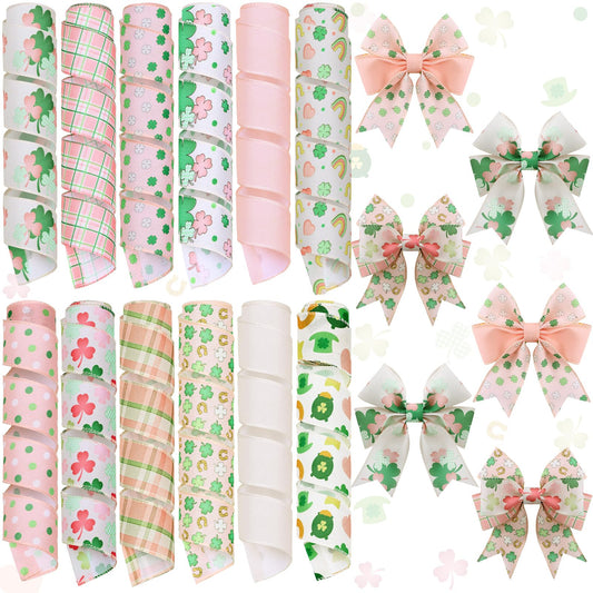 12 Rolls St Patrick's Day Wired Edge Ribbon for Wreaths 2 Inch x 60 Yards Pink Shamrock Lucky Charm Print Grosgrain Ribbon for St Patrick's Day Party Supplies 12 Styles
