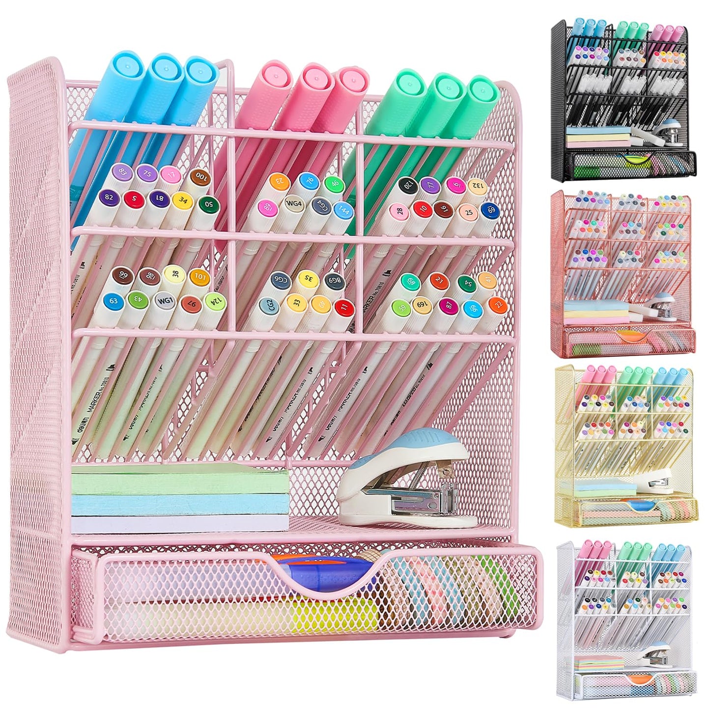 Spacrea Pen Holder Desk Organizer - Desk Organizers and Accessories, Pencil Holder with 10 Compartments and 1 Drawer（Pink）