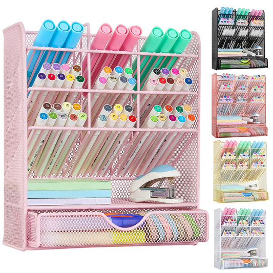 Spacrea Pen Holder Desk Organizer - Desk Organizers and Accessories, Pencil Holder with 10 Compartments and 1 Drawer（Pink）