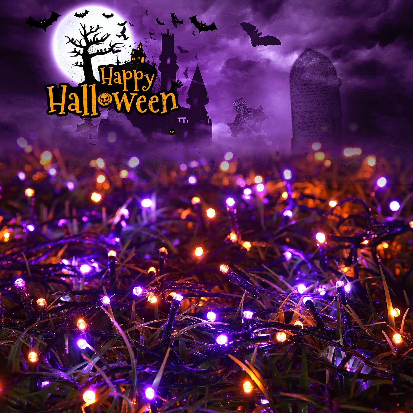 2 Pack Orange Purple Halloween Solar String Lights Total 144 FT 400 LED 8 Modes Waterproof Solar Halloween Lights Outdoor for Halloween Decorations