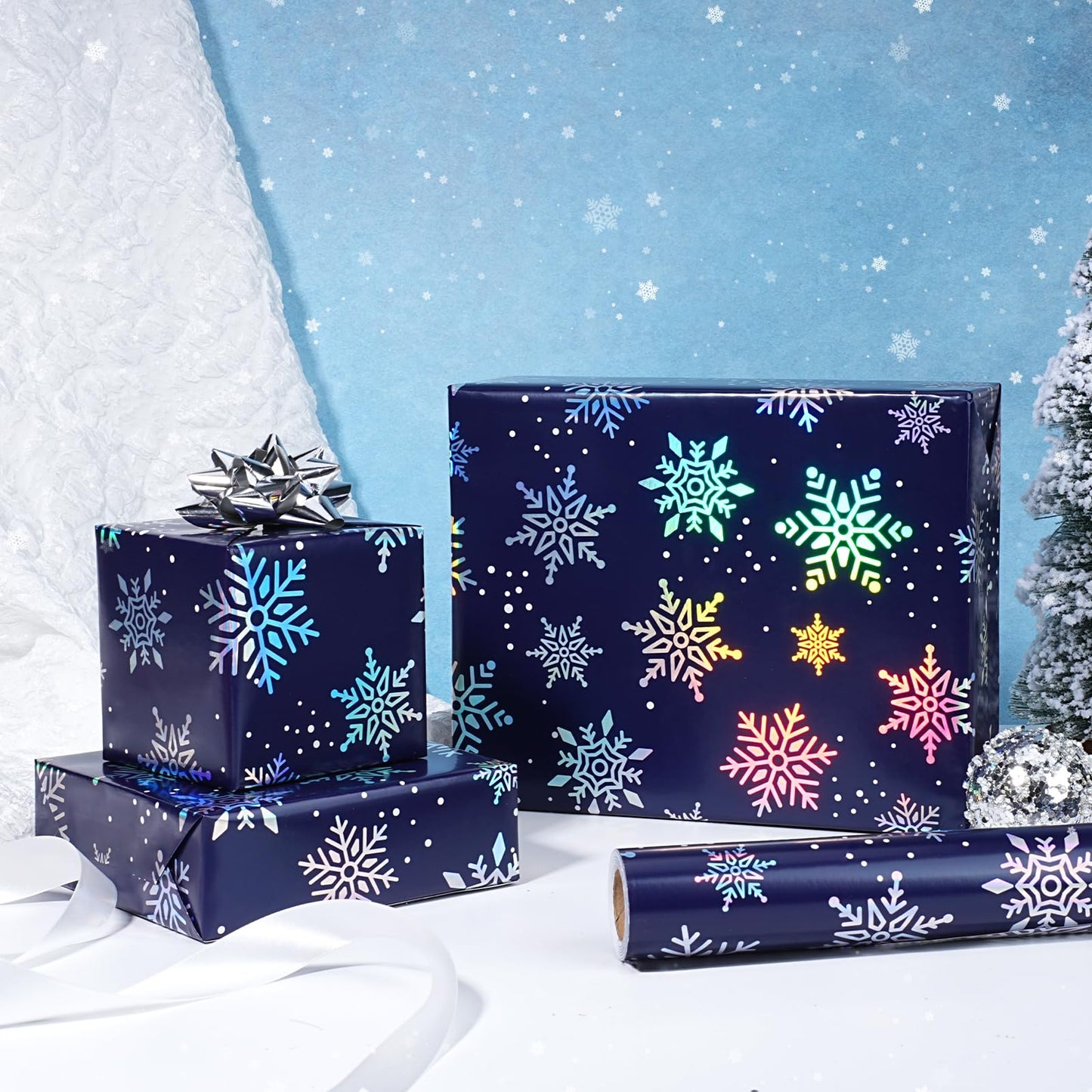 Navy Blue Christmas Wrapping Paper Roll, 17 Inch x 33 Feet, Holographic Foil Snowflake Design with Cutting Grid, Holiday Gift Wrap for Winter Birthday & Seasonal Party Decoration