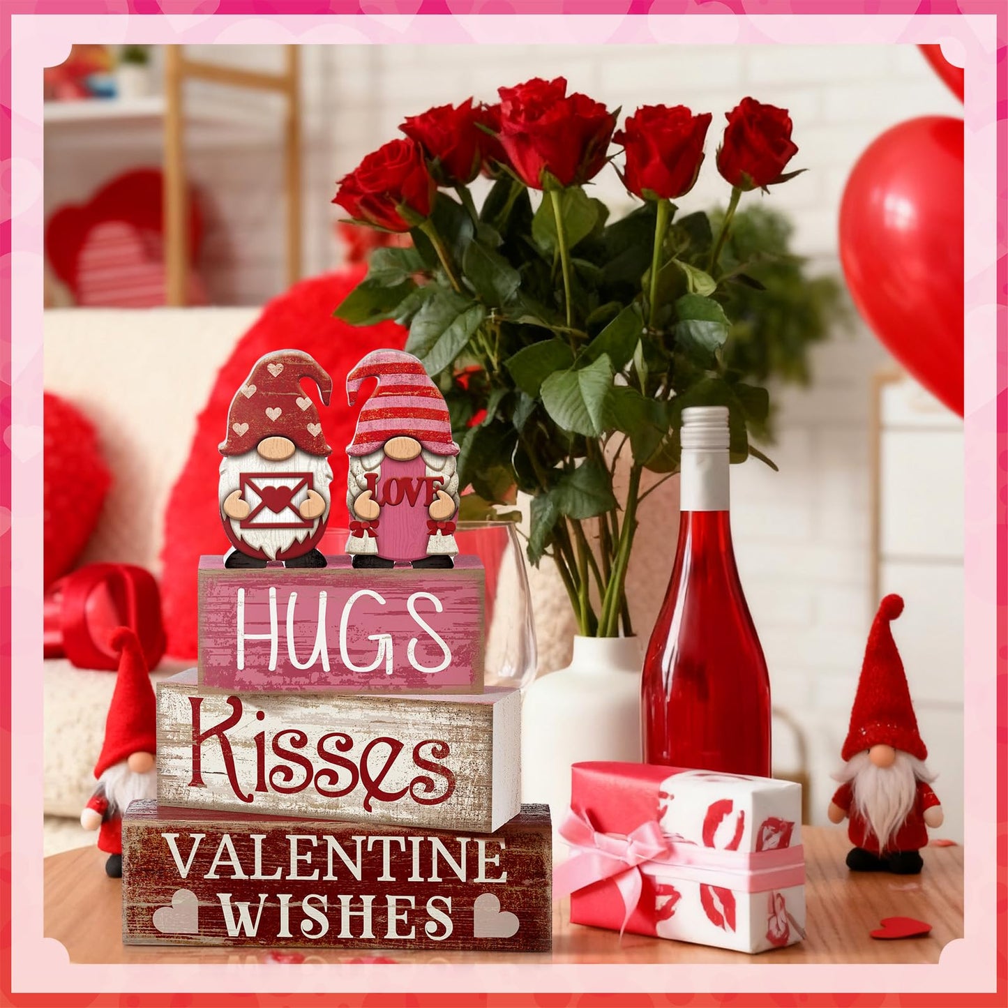 4 Pcs Valentine Day Table Decoration Pink Gnomes Valentine Centerpiece Valentine's Day Tiered Tray Decor Rustic Wooden Gnomes Heart Block Signs Red Pink White Valentines Decor for Home
