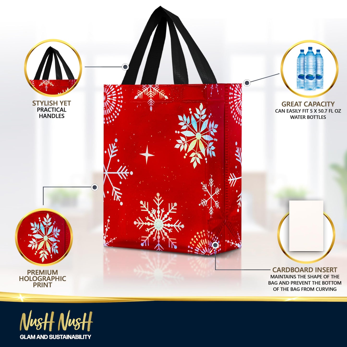 Snowflake Gift Bags Medium Size, Set of 12 Christmas Gift Bags with Handles (3 Each of Blue, Green and Red Colors) - Reusable Christmas Bag for Xmas Presents, Holidays - 8Wx4Dx10H
